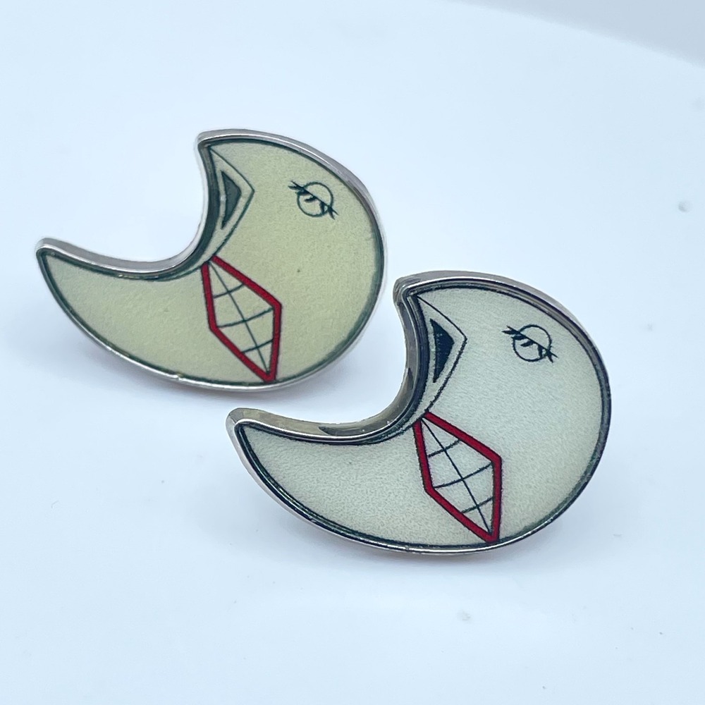 Vintage 90s Soul Eater Moon Silver-Tone Studs Earrings Women's Classic Jewelry